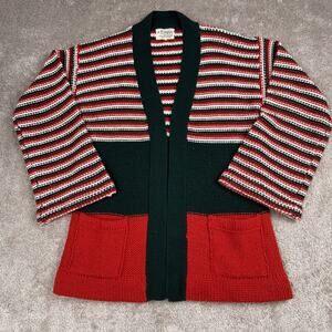 Vtg Striped Color Block Open Front Cardigan Knit Sweater Pockets Size M 70s